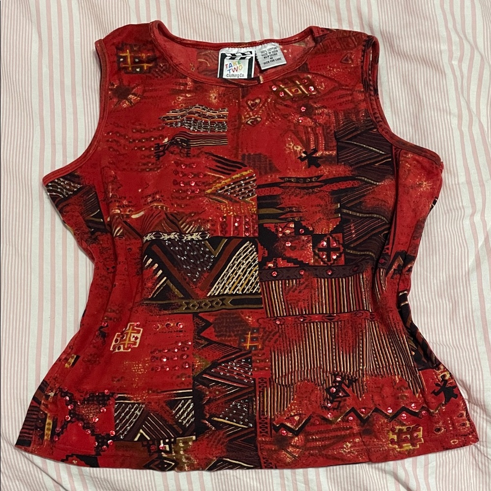 Vintage Print Rhinestone Red Sleeveless Top